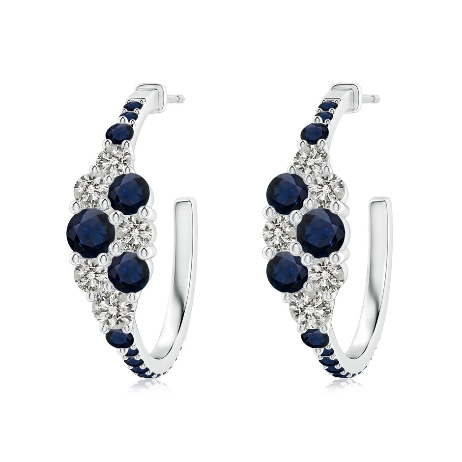 4mm A Blue Sapphire & Diamond Cluster Asymmetrical Hoop Earrings in White Gold 