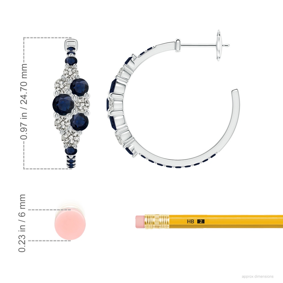 4mm A Blue Sapphire & Diamond Cluster Asymmetrical Hoop Earrings in White Gold ruler