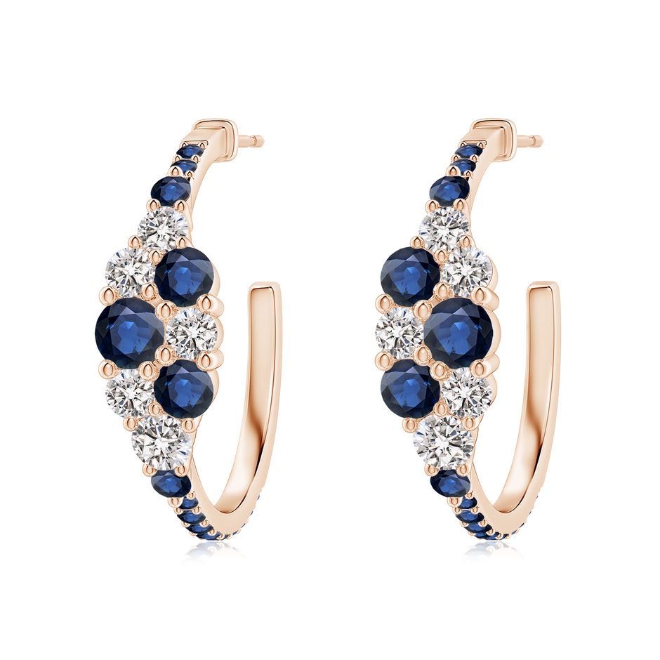 4mm AA Blue Sapphire & Diamond Cluster Asymmetrical Hoop Earrings in Rose Gold 