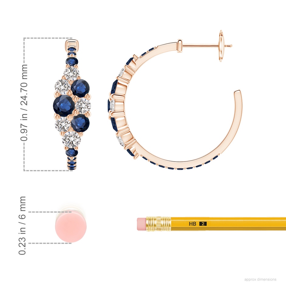 4mm AA Blue Sapphire & Diamond Cluster Asymmetrical Hoop Earrings in Rose Gold ruler