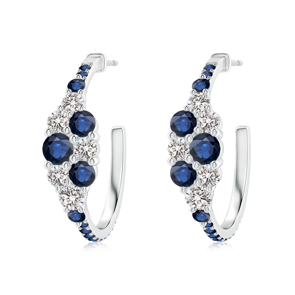 4mm AA Blue Sapphire & Diamond Cluster Asymmetrical Hoop Earrings in White Gold 
