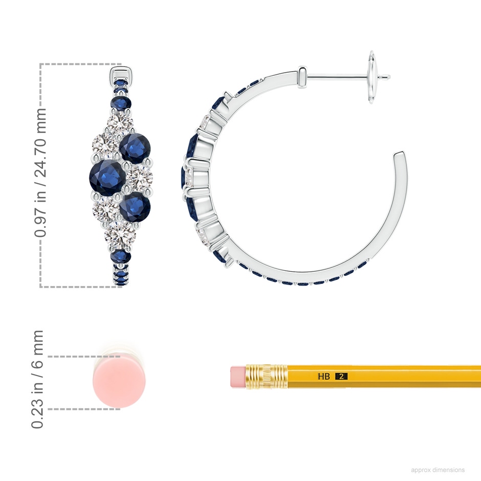 4mm AA Blue Sapphire & Diamond Cluster Asymmetrical Hoop Earrings in White Gold ruler