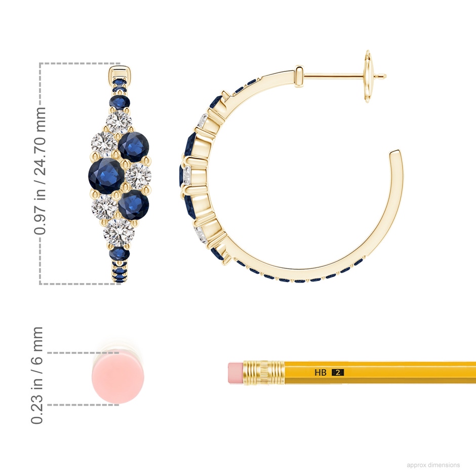 4mm AA Blue Sapphire & Diamond Cluster Asymmetrical Hoop Earrings in Yellow Gold ruler