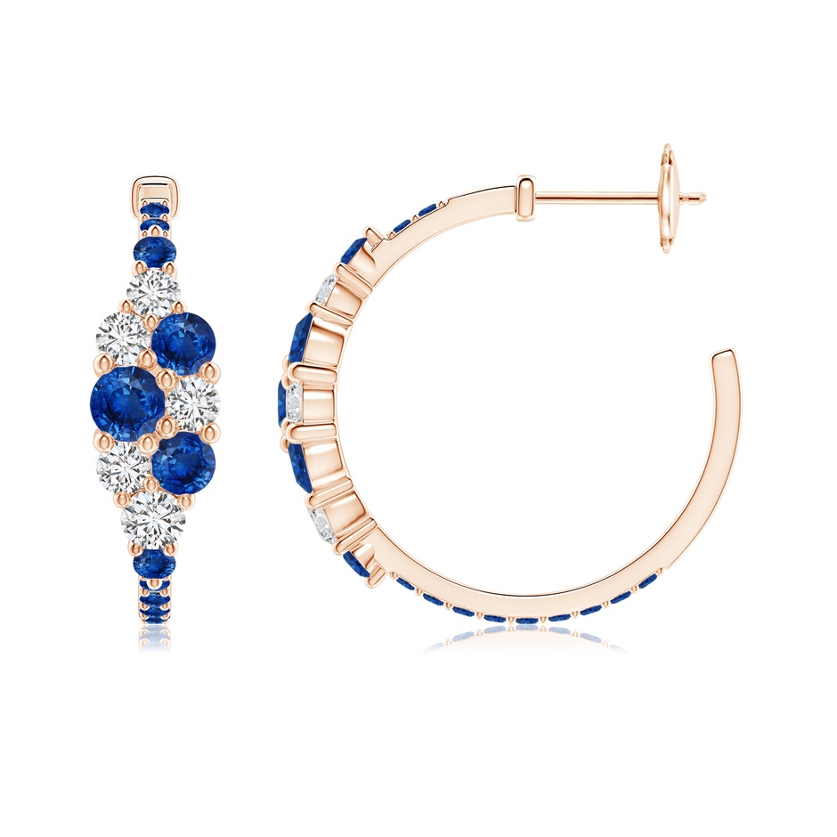 4mm AAA Blue Sapphire & Diamond Cluster Asymmetrical Hoop Earrings in Rose Gold side 199