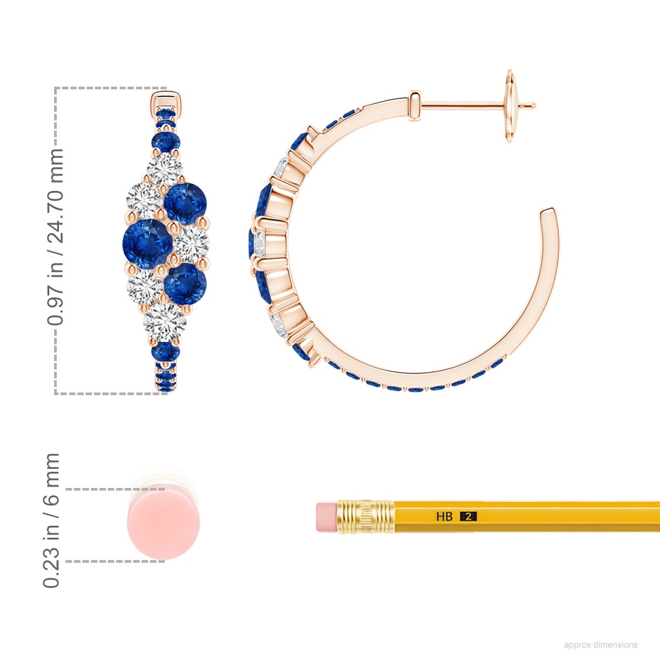 4mm AAA Blue Sapphire & Diamond Cluster Asymmetrical Hoop Earrings in Rose Gold ruler