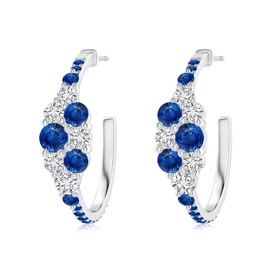 4mm AAA Blue Sapphire & Diamond Cluster Asymmetrical Hoop Earrings in White Gold 