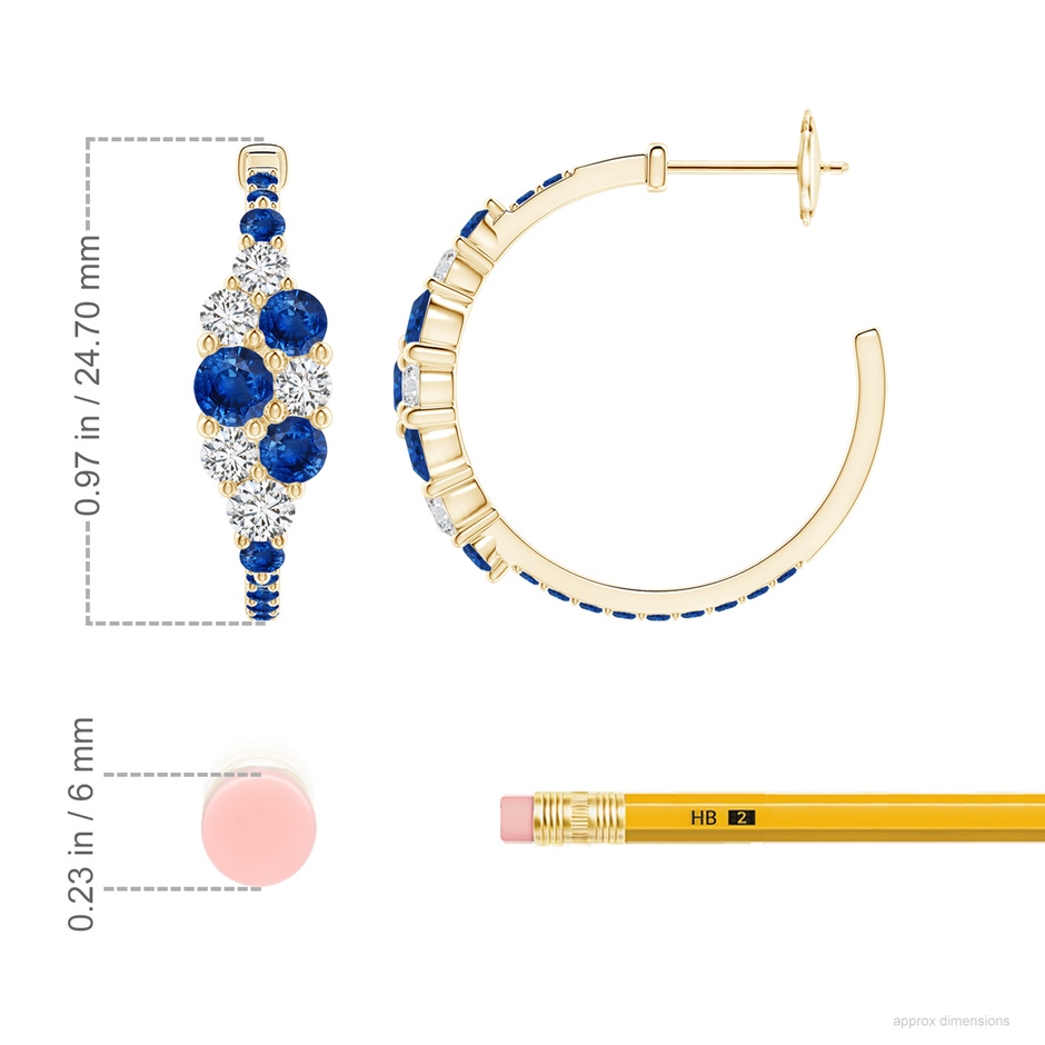 4mm AAA Blue Sapphire & Diamond Cluster Asymmetrical Hoop Earrings in Yellow Gold ruler