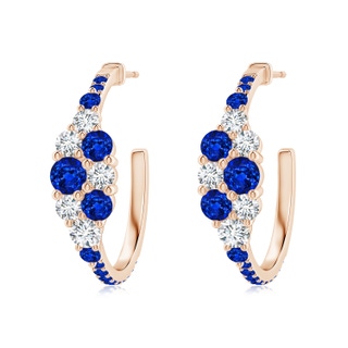 4mm AAAA Blue Sapphire & Diamond Clustre Asymmetrical Hoop Earrings in Rose Gold
