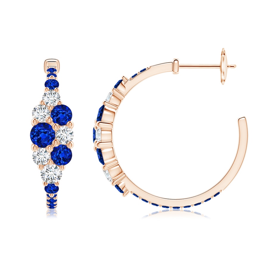 4mm AAAA Blue Sapphire & Diamond Cluster Asymmetrical Hoop Earrings in Rose Gold side 199