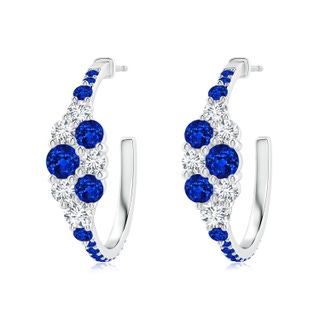 4mm AAAA Blue Sapphire & Diamond Clustre Asymmetrical Hoop Earrings in S999 Silver