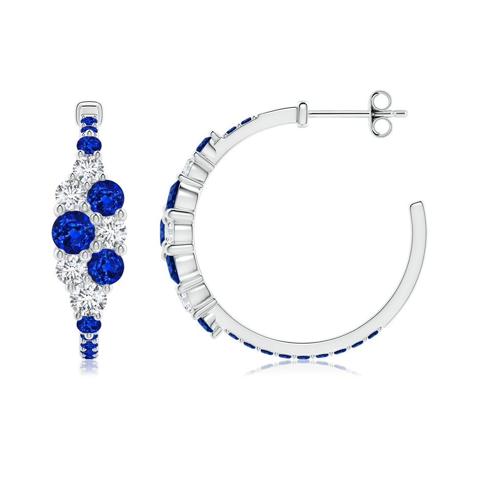 4mm AAAA Blue Sapphire & Diamond Cluster Asymmetrical Hoop Earrings in S999 Silver side 199
