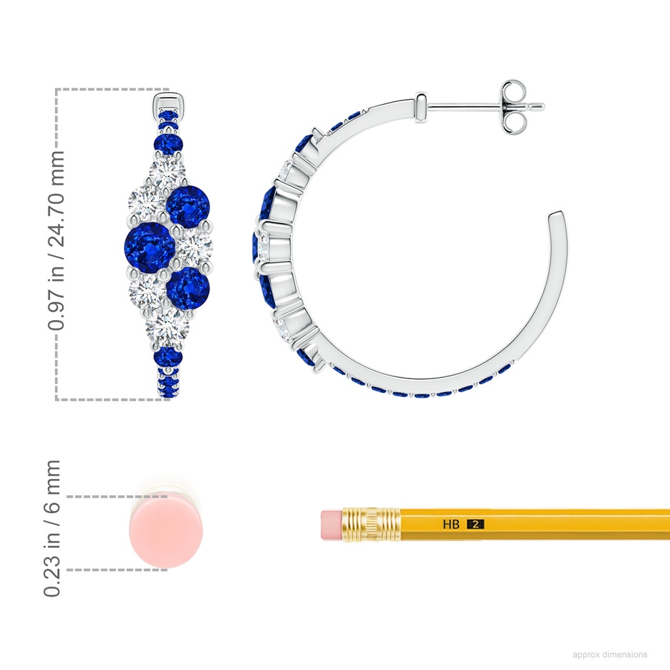 4mm AAAA Blue Sapphire & Diamond Cluster Asymmetrical Hoop Earrings in S999 Silver ruler