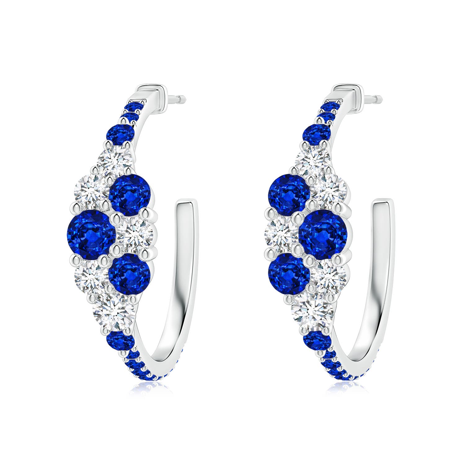 4mm AAAA Blue Sapphire & Diamond Cluster Asymmetrical Hoop Earrings in White Gold