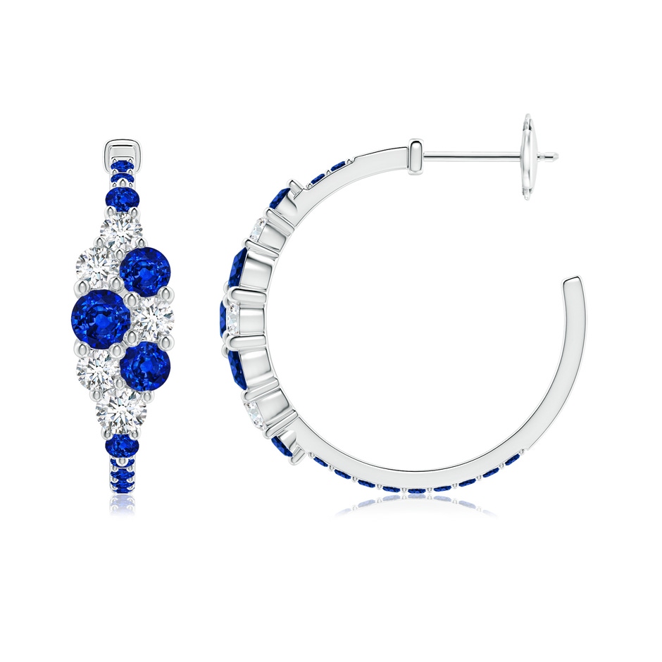 4mm AAAA Blue Sapphire & Diamond Cluster Asymmetrical Hoop Earrings in White Gold side 199