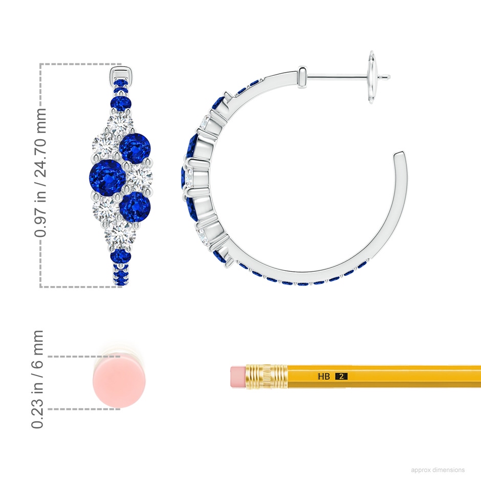 4mm AAAA Blue Sapphire & Diamond Cluster Asymmetrical Hoop Earrings in White Gold ruler