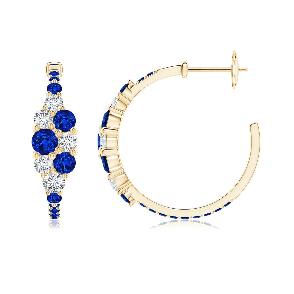 4mm AAAA Blue Sapphire & Diamond Cluster Asymmetrical Hoop Earrings in Yellow Gold side 199
