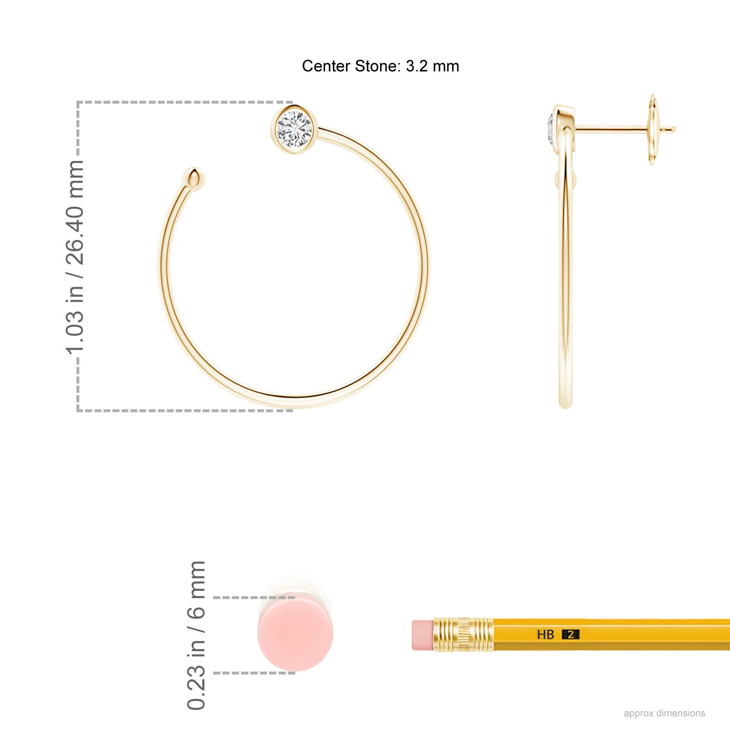 3.2mm HSI2 Bezel-Set Round Diamond Front-to-Back Flex Hoop Earrings in Yellow Gold - ruler