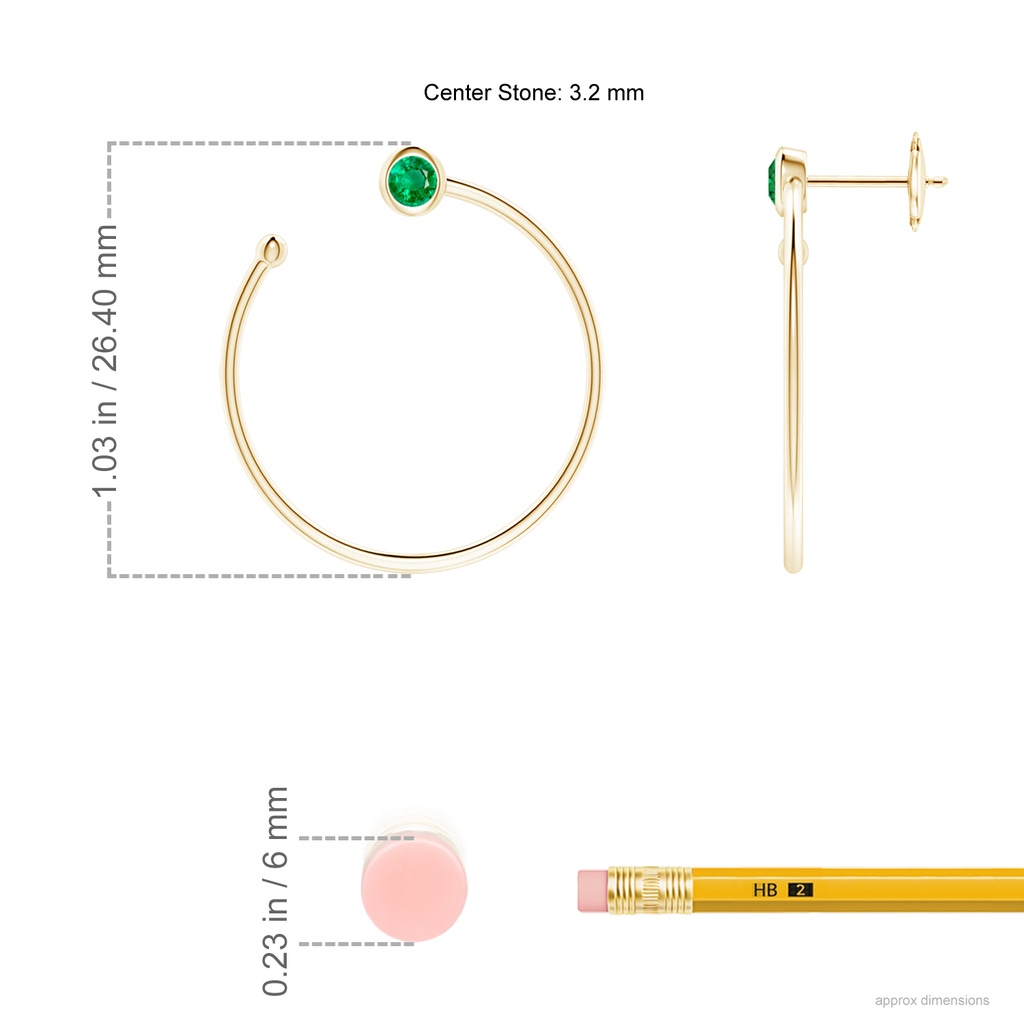 3.2mm AAA Bezel-Set Round Emerald Front-to-Back Flex Hoop Earrings in Yellow Gold ruler