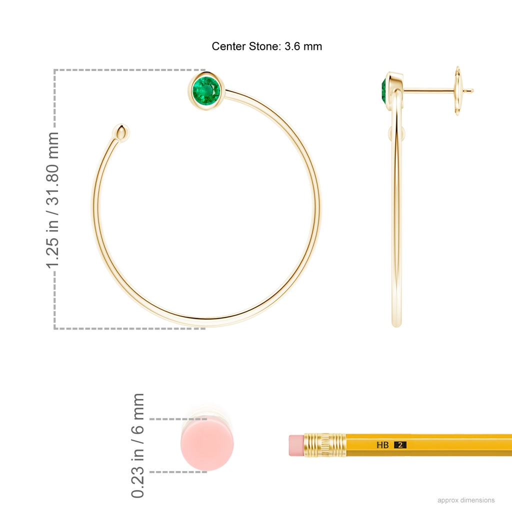 3.6mm AAA Bezel-Set Round Emerald Front-to-Back Flex Hoop Earrings in Yellow Gold ruler