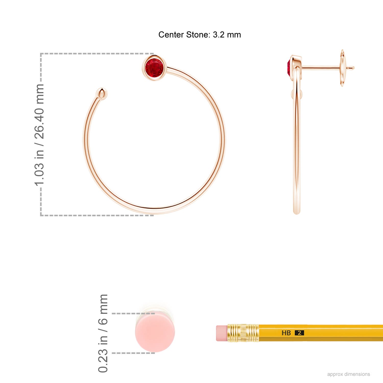 3.2mm AAA Bezel-Set Round Ruby Front-to-Back Flex Hoop Earrings in Rose Gold - ruler