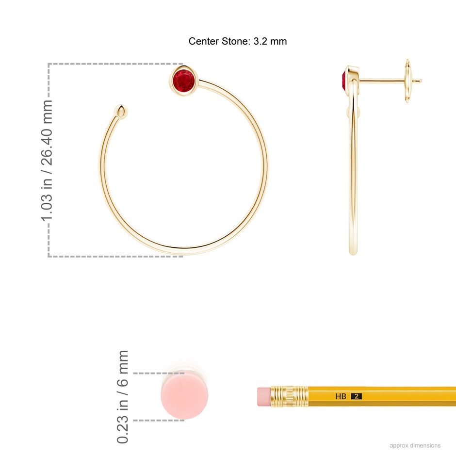 3.2mm AAA Bezel-Set Round Ruby Front-to-Back Flex Hoop Earrings in Yellow Gold ruler
