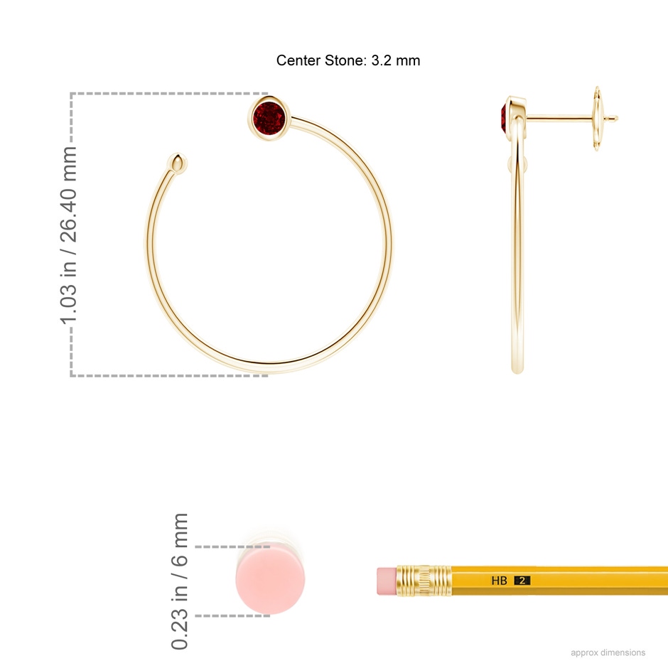 3.2mm AAAA Bezel-Set Round Ruby Front-to-Back Flex Hoop Earrings in Yellow Gold ruler