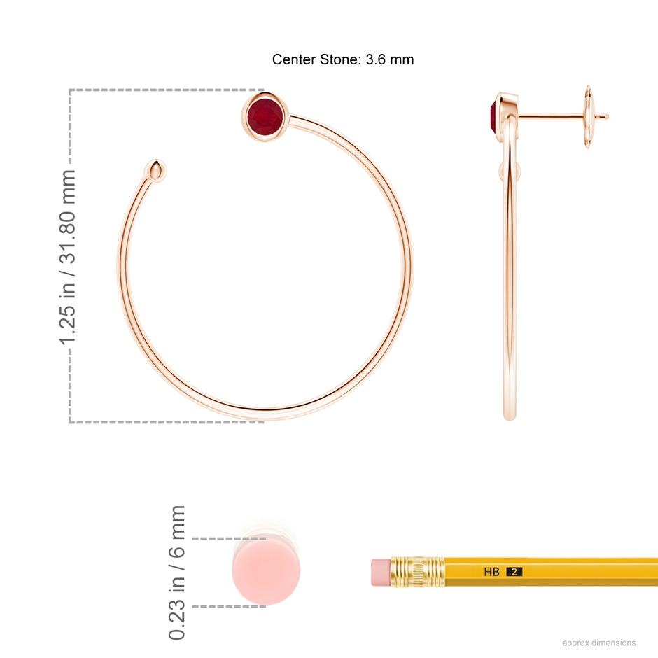 3.6mm AA Bezel-Set Round Ruby Front-to-Back Flex Hoop Earrings in Rose Gold ruler