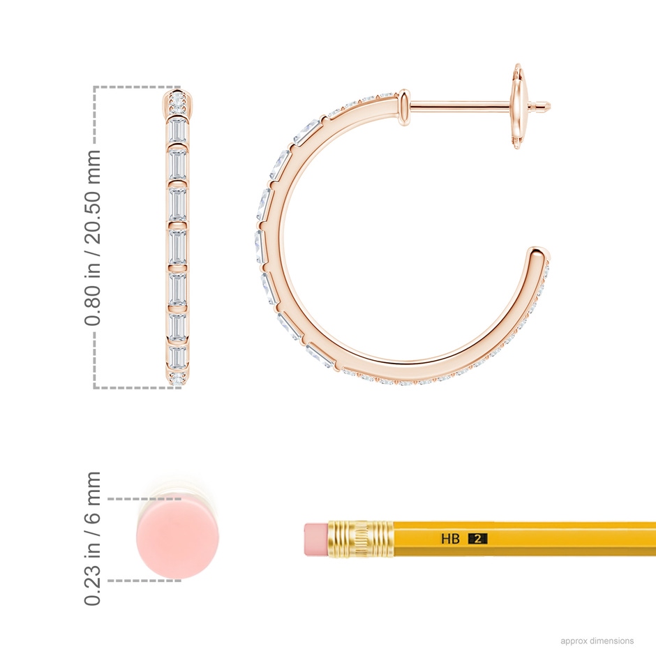2.5x1.2mm GVS2 Baguette & Round Diamond Hoop Earrings in Rose Gold ruler