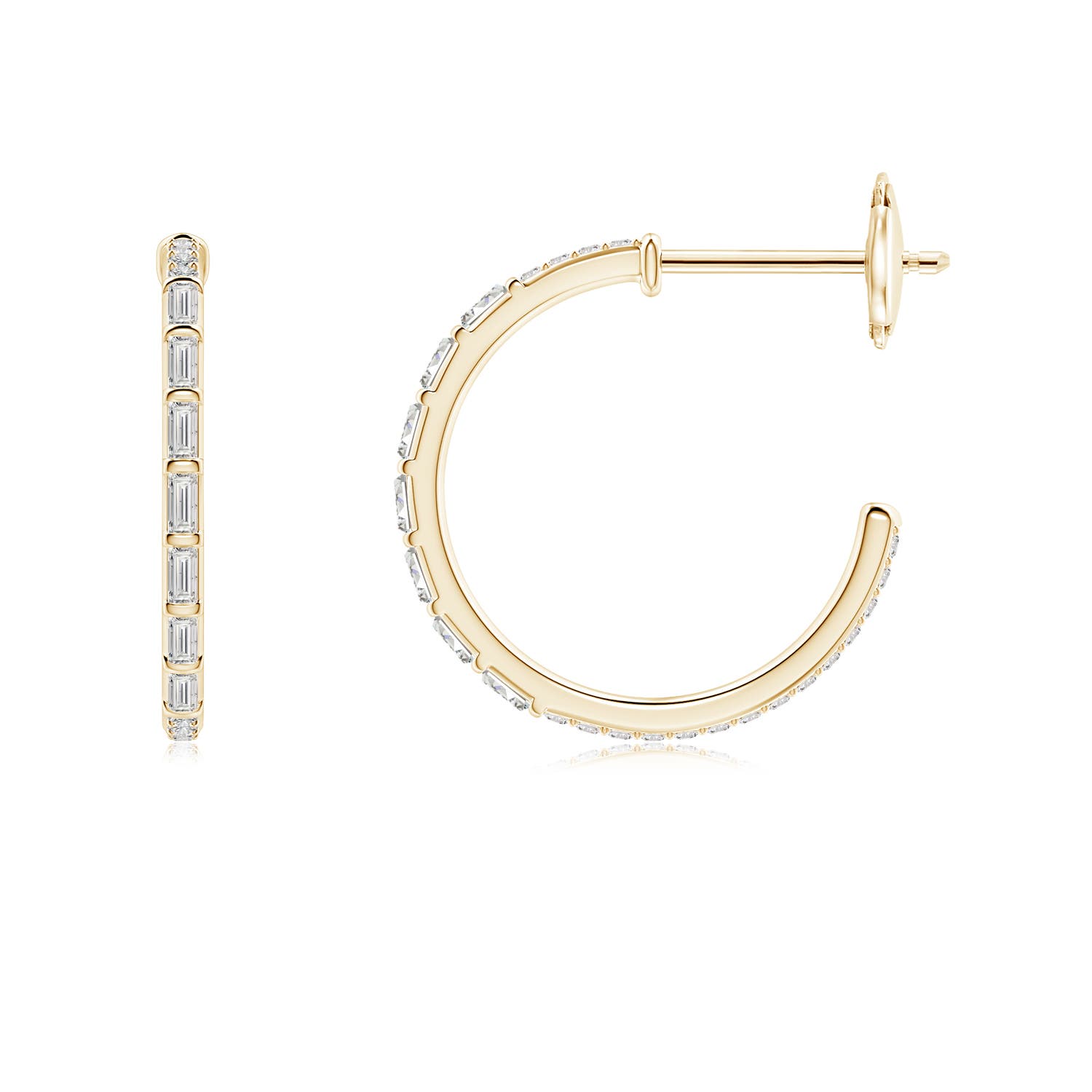2x1mm IJI1I2 Baguette & Round Diamond Hoop Earrings in Yellow Gold