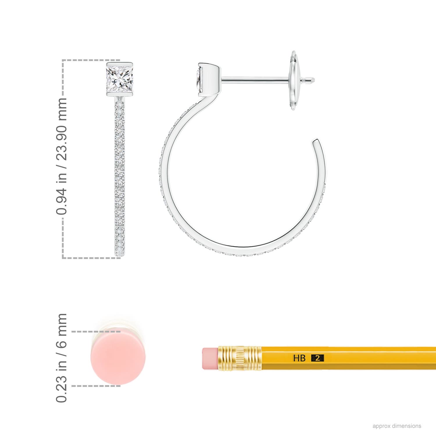 3.1mm HSI2 Princess & Round Diamond Hoop Earrings in White Gold - ruler