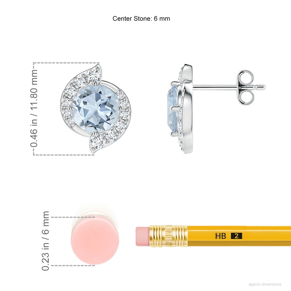 6mm A Round Aquamarine and Diamond Swirl Stud Earrings in S999 Silver ruler