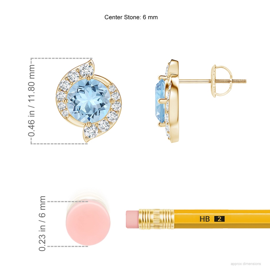 6mm AAA Round Aquamarine and Diamond Swirl Stud Earrings in Yellow Gold ruler