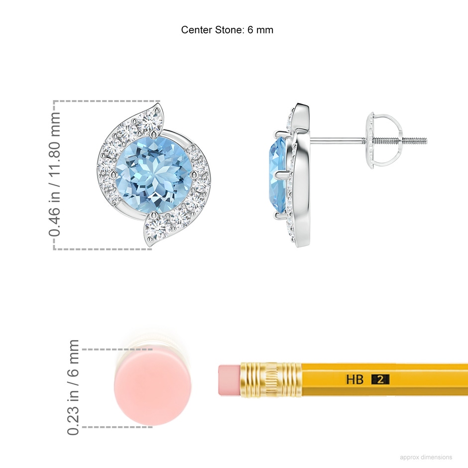 6mm AAAA Round Aquamarine and Diamond Swirl Stud Earrings in P950 Platinum ruler