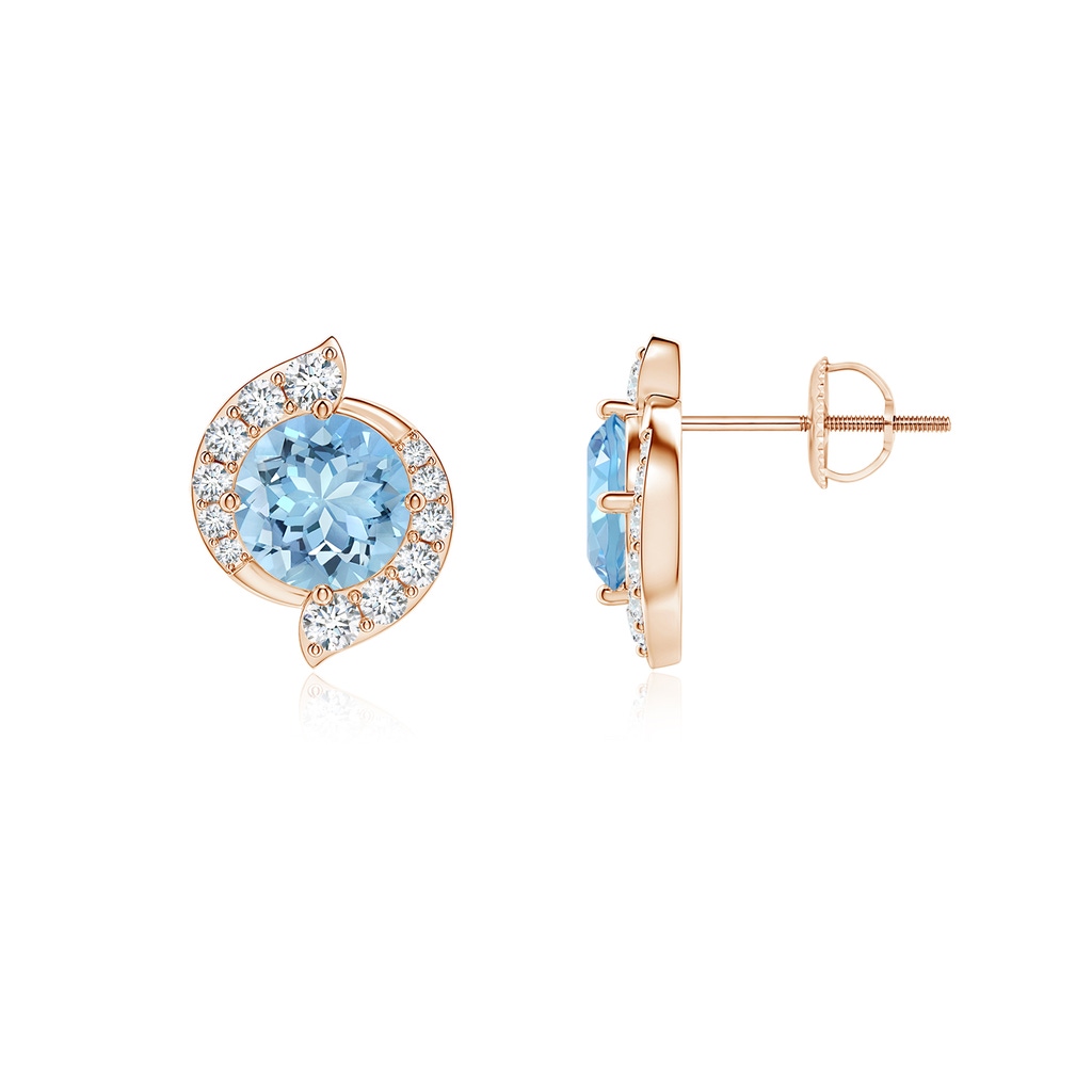 6mm AAAA Round Aquamarine and Diamond Swirl Stud Earrings in Rose Gold