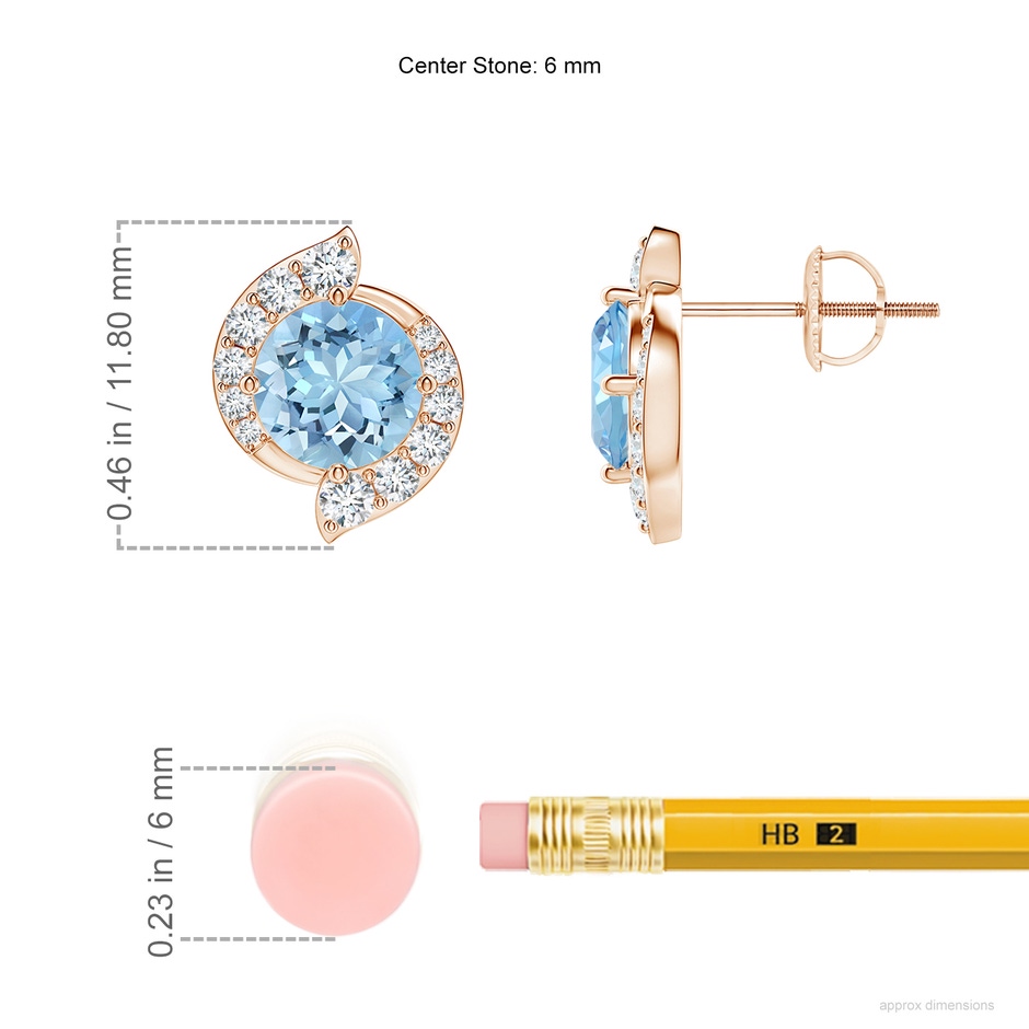 6mm AAAA Round Aquamarine and Diamond Swirl Stud Earrings in Rose Gold ruler