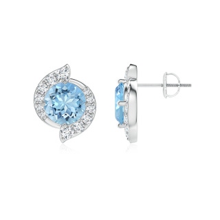 7mm AAAA Round Aquamarine and Diamond Swirl Stud Earrings in P950 Platinum