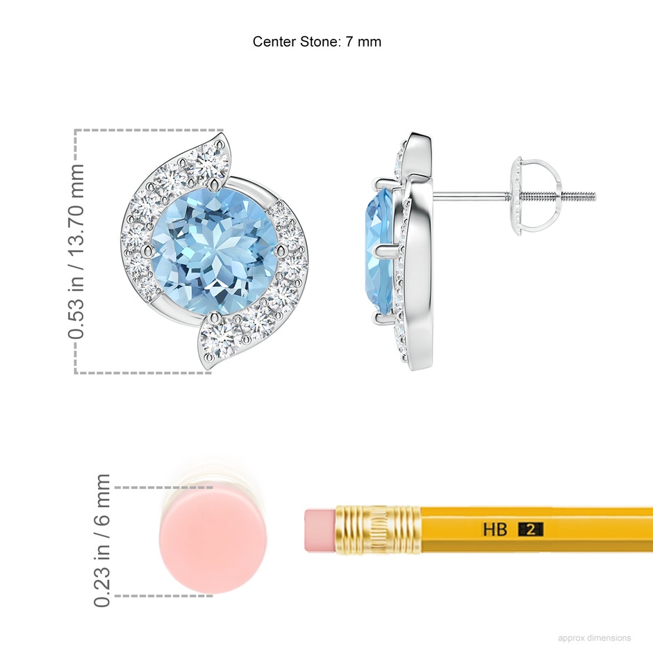 7mm AAAA Round Aquamarine and Diamond Swirl Stud Earrings in P950 Platinum ruler