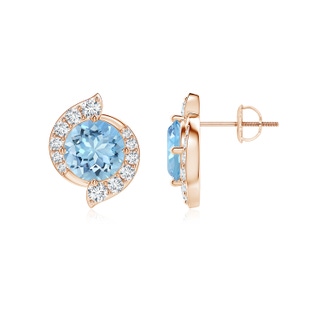 7mm AAAA Round Aquamarine and Diamond Swirl Stud Earrings in Rose Gold