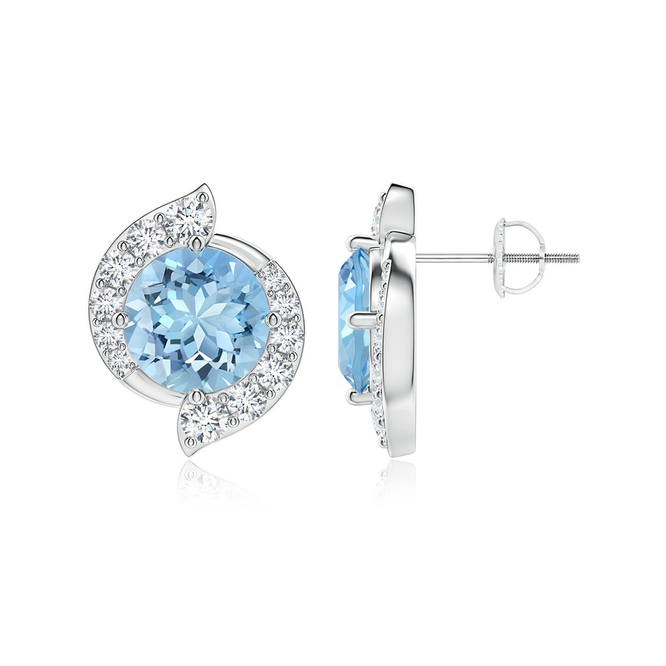 8mm AAAA Round Aquamarine and Diamond Swirl Stud Earrings in P950 Platinum 