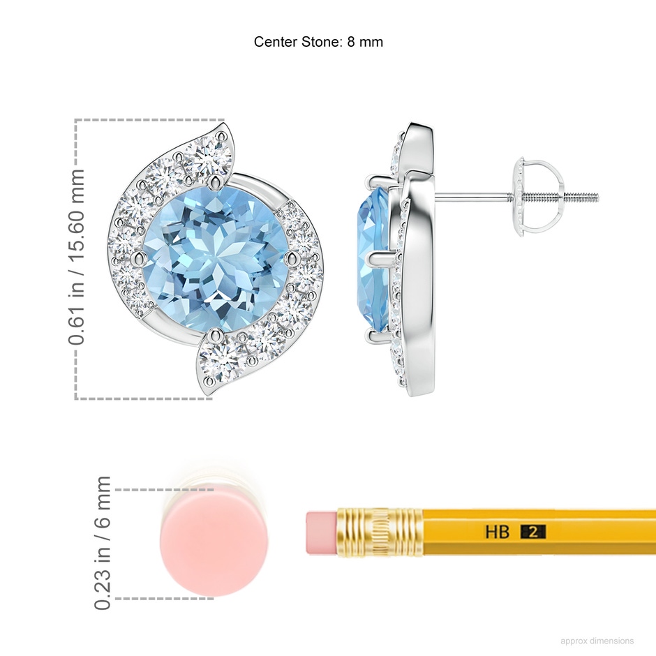 8mm AAAA Round Aquamarine and Diamond Swirl Stud Earrings in P950 Platinum ruler