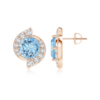 8mm AAAA Round Aquamarine and Diamond Swirl Stud Earrings in Rose Gold