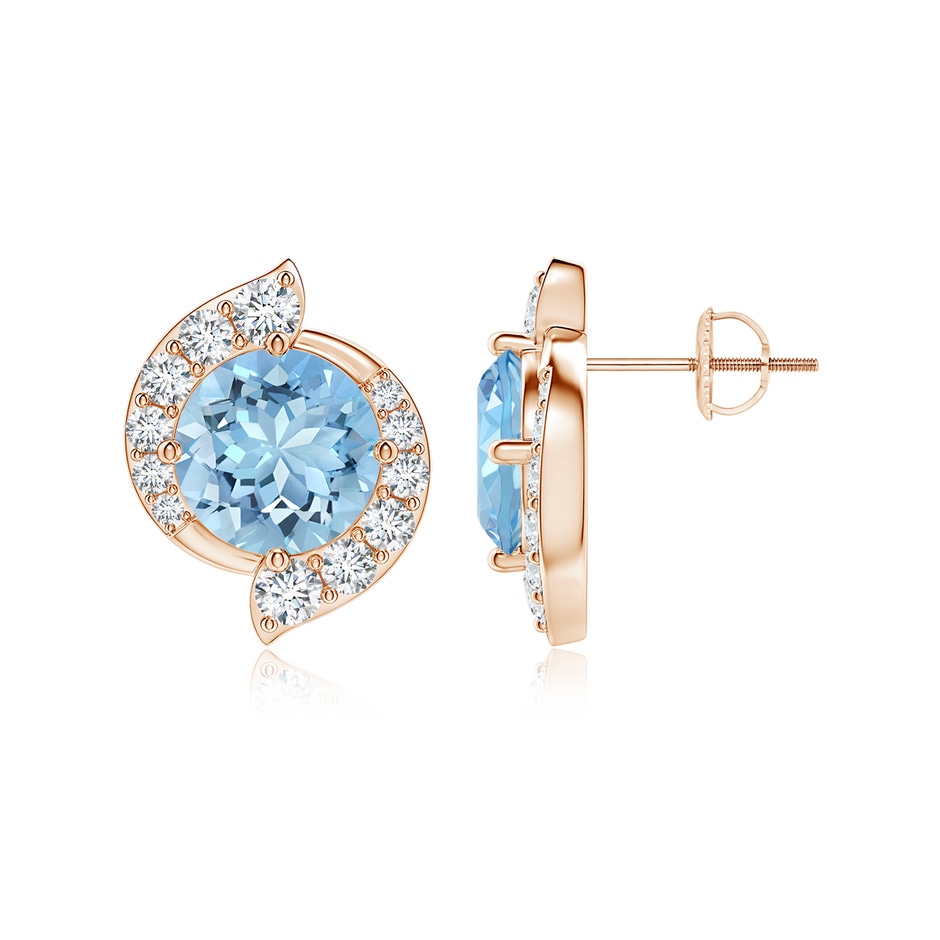 8mm AAAA Round Aquamarine and Diamond Swirl Stud Earrings in Rose Gold 
