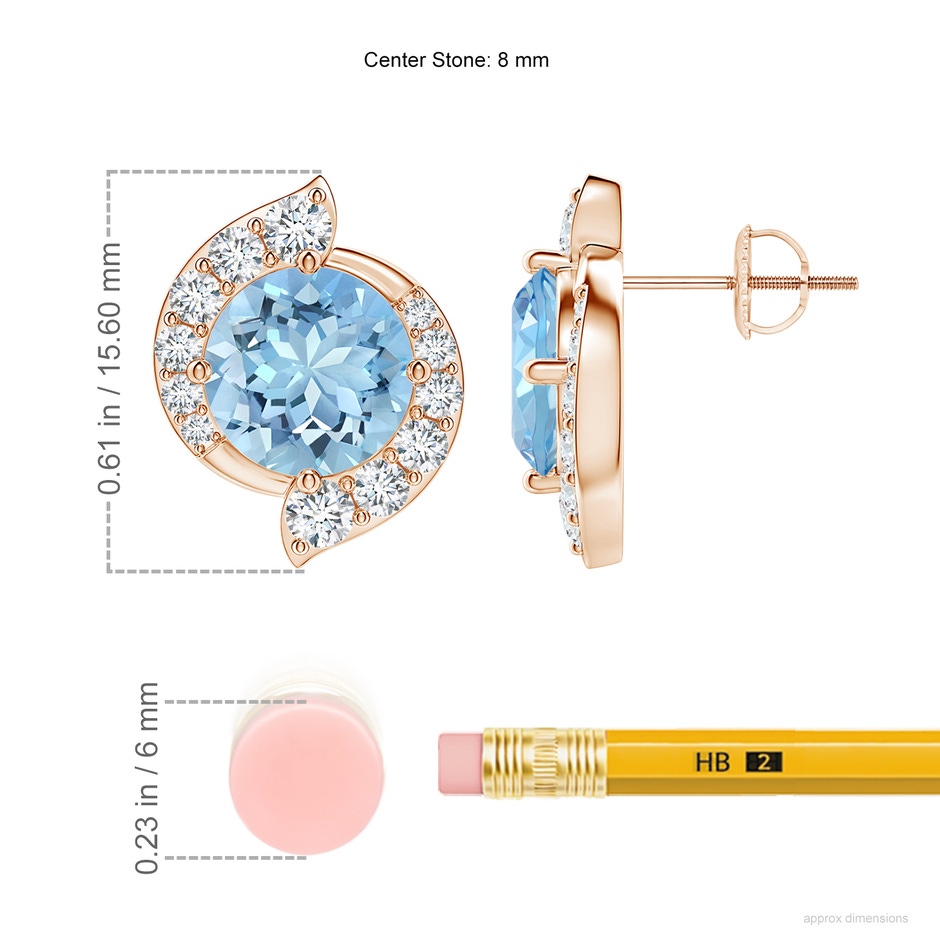 8mm AAAA Round Aquamarine and Diamond Swirl Stud Earrings in Rose Gold ruler