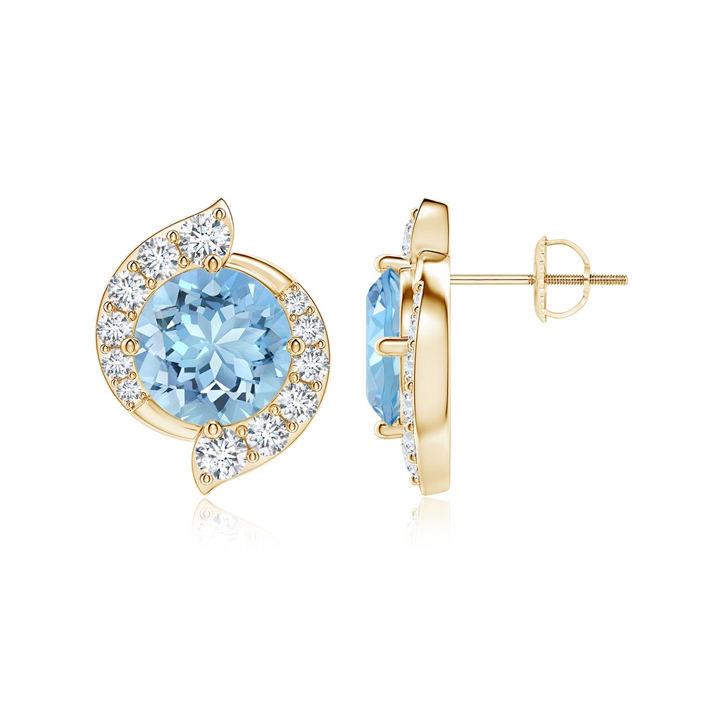 8mm AAAA Round Aquamarine and Diamond Swirl Stud Earrings in Yellow Gold