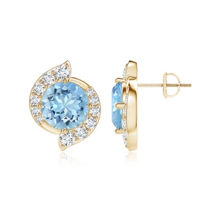 8mm AAAA Round Aquamarine and Diamond Swirl Stud Earrings in Yellow Gold