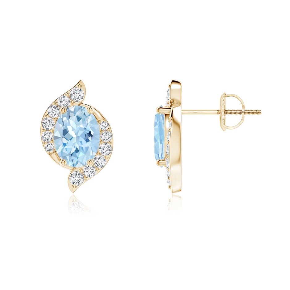 7x5mm AAA Oval Aquamarine and Diamond Swirl Stud Earrings in Yellow Gold 