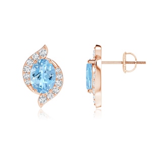 7x5mm AAAA Oval Aquamarine and Diamond Swirl Stud Earrings in 9K Rose Gold