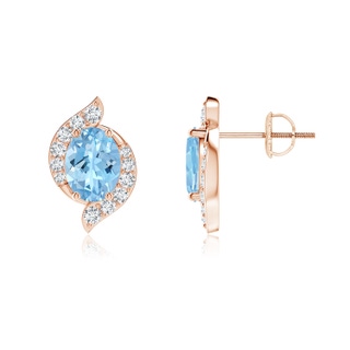 7x5mm AAAA Oval Aquamarine and Diamond Swirl Stud Earrings in Rose Gold