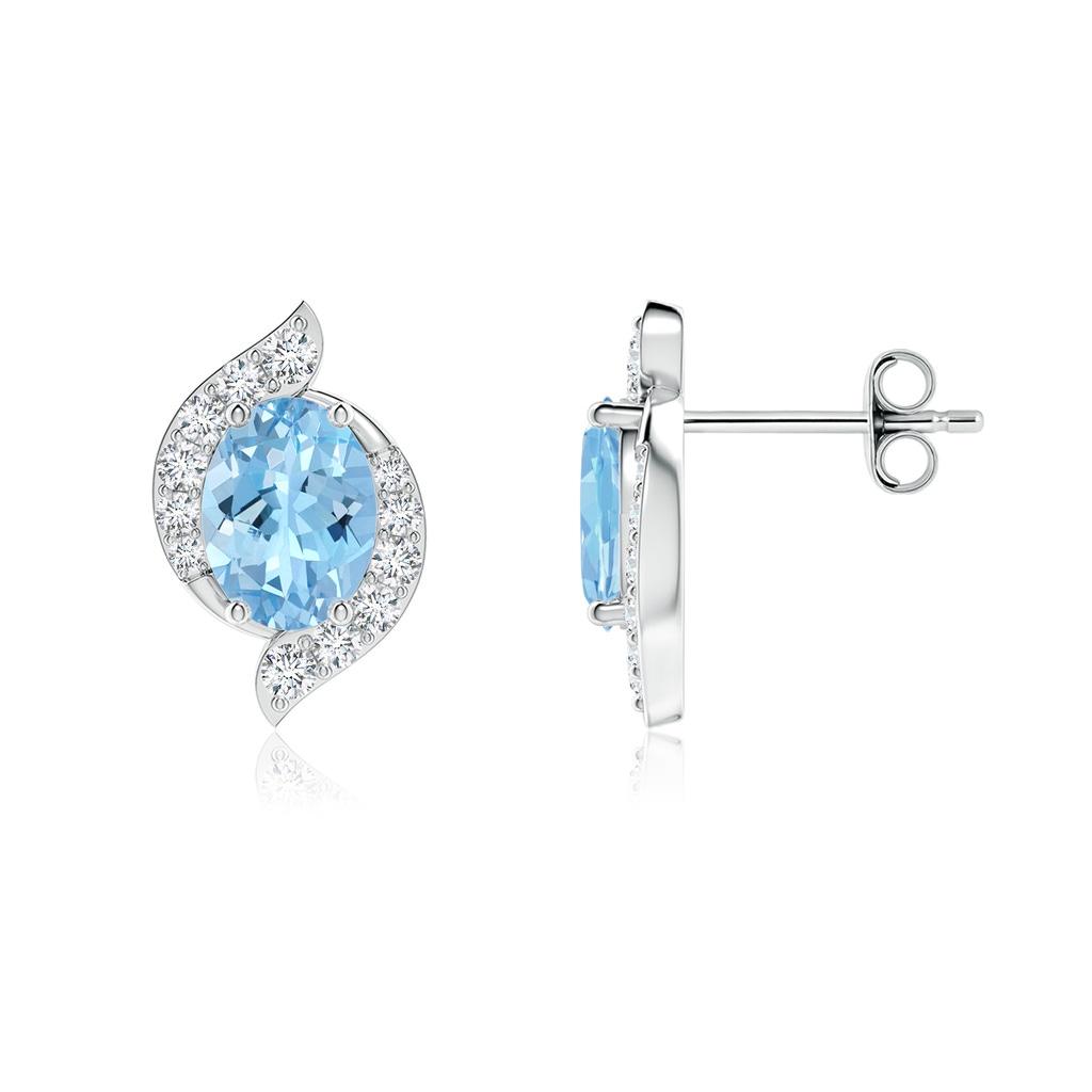 7x5mm AAAA Oval Aquamarine and Diamond Swirl Stud Earrings in S999 Silver