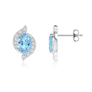 7x5mm AAAA Oval Aquamarine and Diamond Swirl Stud Earrings in S999 Silver